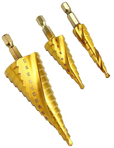 QWORK® Juego de brocas escalonadas de 3 piezas, broca escalonada ranurada en espiral, 4 mm a 12/20/32 mm, HSS con revestimiento de titanio, para madera, plástico, chapa fina de metal