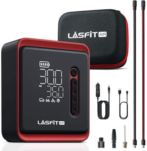 LASFIT AIR CR1 Tire Inflator Portable Air Compressor, 2in1 150PSI Cordless 12V DC Electric Auto Pump w/Digital Pressure Gauge, 3X Fast Inflation, 7800mAH Battery, LED Light for Car Bike Motorcycle