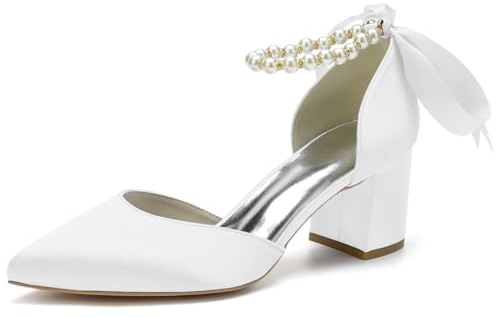 HKMFLYY Zapatos de boda con perlas puntiagudas para mujer, tacones bajos, tacones de satén con lazo, zapatos de novia, tacones de bloque gruesos, cómodos zapatos de baile, Blanco, 38 EU