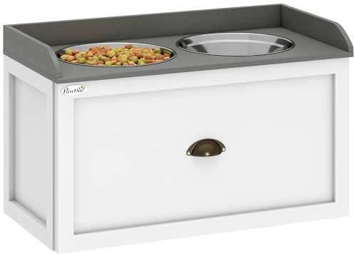 PawHut Stainless Steel Raised Dog Bowls, Double Dog Food and Water Bowl w/ 21L Storage Drawer, for Large Dogs - White
