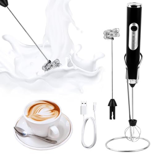 Montalatte Elettrico Cappuccino, Frullino Elettrico USB Ricaricabile Schiumatore Latte, Elettrico Schiuma Latte 3 Velocità Regolabile per Cappuccino, Matcha, Caffè Schiumoso, Latte (Nero-con Staffa)