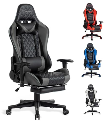 FOXSPORT Ergonomisk spelstol helt justerbar med armstöd, fotstöd, nackstöd, ryggstöd och kudde – lutningsfunktion – ultimat komfort för spelare och kontorsarbetare.