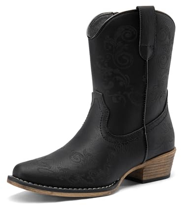 DREAM PAIRS Women's Cowboy Cowgirl Western Ankle Boots Low Chunky Heels Square Toe Fall Short Booties Shoes,Size 10,Black,SDAB2407W