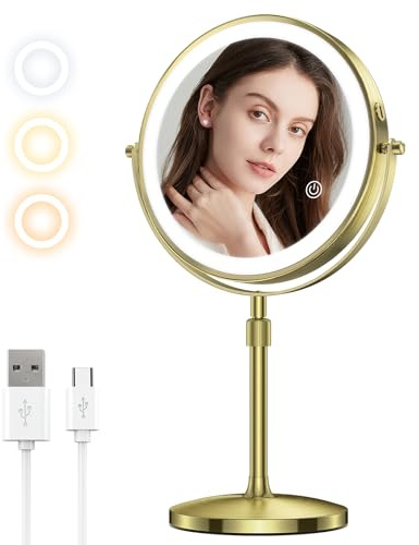 MATEPROX Espejo cosmético de 8 pulgadas con iluminación, espejo doble recargable con aumento de 1X 10X y altura ajustable, espejo cosmético iluminado con iluminación de 3 colores, atenuador con sensor