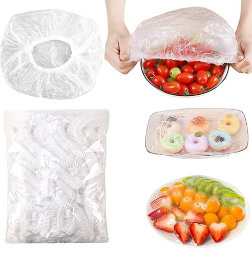 Lot de 200 Film Alimentaire Reutilisable,Charlotte Alimentaire Reutilisable,Film Etirable Elastique en Plastique Jetable,Couvercles de Bols Réutilisables,Sacs de rangement frais,sacs de rangement