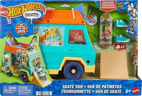 Hot Wheels Skate Van conçu en Collaboration avec Tony Hawk, avec Fingerboard Exclusif et Paire de Chaussures de Skate Amovibles pour Doigts, JGG91
