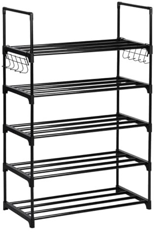 T-LOVENDO.ES Zapatero Estrecho Entrada recibidor. Mueble Organizador de Zapatos Armario estantería 89x31x59cm. 5 Niveles. Tubos de Hierro. Ganchos Laterales. hasta 10 Pares. Negro