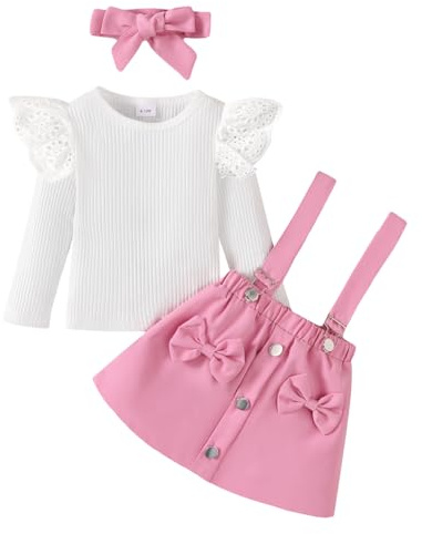 LUVCES Bambina Gonne Set Autunno Maniche Lunghe con Volant Coste Top + Bretelle a Quadri/Fiocco Abito + Fascia per Capelli 3Pcs Completo Bambine Abiti 3Pcs Rosa 18-24 Mesi