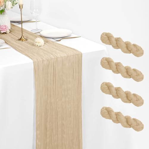 Pesonlook 4 Pack Beige Cheesecloth Table Runner 21 x 120 Inch Rustic Gauze Fabric For Weddings,Festivals,Birthday,Anniversarie,Graduation,Dinner,Outdoor Parties