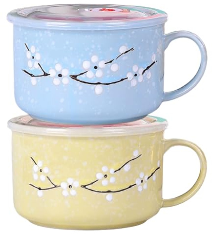 Lot de 2 bols à soupe avec poignées, 800 ml/28 oz, résistant à la chaleur, tasse soupe pour micro-ondes avec couvercle, tasse de voyage en céramique florale Wintersweet pour ramen, nouilles, porrid