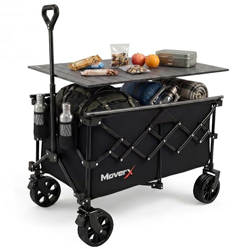 MoverX 120L Camping Trolley on Wheels, Table Folding Wagon, Portable Camping Cart, Foldable Trolly for Festival Beach Outdoor Garden Picnic Shopping Fishing, Wide Wheels, Adjustable Handle, Black