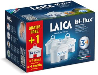 Cartuccia filtro acqua LAICA Bi-Flux - Preserva i sali minerali riducendo cloro e metalli pesanti - Riduce la durezza dell'acqua del rubinetto - Filtro per caraffe acqua, confezione da 4