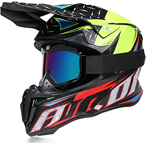 Motocross Helmet with Goggles Dual Sport Motorcycle Full Face Off Road Helmet DOT/ECE Approved MX MTB BMX ATV Off-Road Street Dirt Bike Downhill Enduro Helmet for Adult Men Women Matte Red,XL