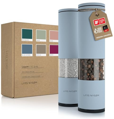 LARS NYSØM Salz und Pfeffer Mühle 2er Set Manuell mit einstellbarem Keramik-Mahlwerk von grob bis fein I Design Gewürzmühlenset (2 Stück) (Sky Blue)