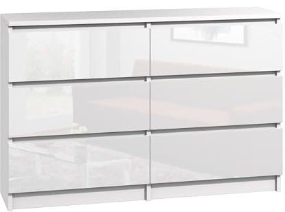 roe furniture Pressiode Kommode mit 6 Schubladen Sideboard weiß Anrichte Holz Schubladenschrank Schrank, Mehrzweckschrank, Standschrank, Schlafzimmermöbel (Weiß Hochglanz)