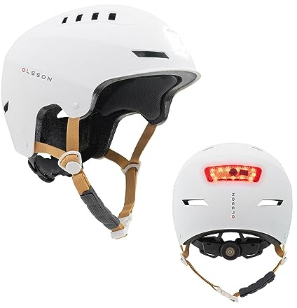 OLSSON Casque velo homme Phare LED URBAN LIGHT - Blanc - Taille M/L - Ajustable - Homologué - Résistant aux chocs à 360° - Doublure amovible - Grilles de ventilation - Trottinettes, patins, vélos