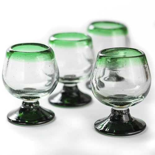 MEXTEQUIL - Authentic Mexican Tequila Hand Blown Shot Glasses - Set of 4-2 oz - Mini Glass Snifters - Heavy Base - Cognac (Green Rim)