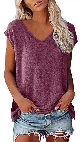 L9WEI Camiseta de manga corta para mujer, cuello de pico, color liso, manga corta, para verano, cómoda, rojo, XL