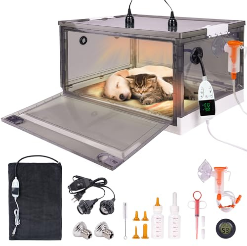 Puppy Incubator with Heating and Oxygenator, Incubator for Puppies, Kitten Incubator, Dog Incubator for Puppies, Puppy Whelping Supplies with Puppy Bed Mat, Temperature and Humidity Detection