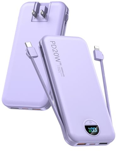Portable Charger, 10000mAh PD20W USB C Fast Charging Power Bank with Built-in Cables and AC Wall Plug, Smart LED Display Travel Essentials Battery Pack Compatible with iPhone, iPad, Samsung etc Purple
