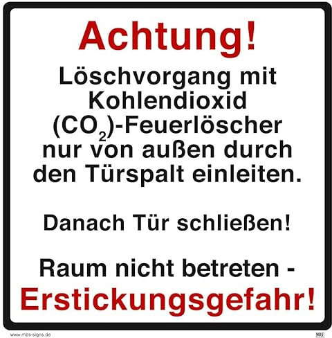 Warnaufkleber Hinweis „Achtung Erstickungsgefahr!CO2-Feuerlöscher Raum nicht betreten“ Warnung Schild Folie | 20x20cm Made in Germany