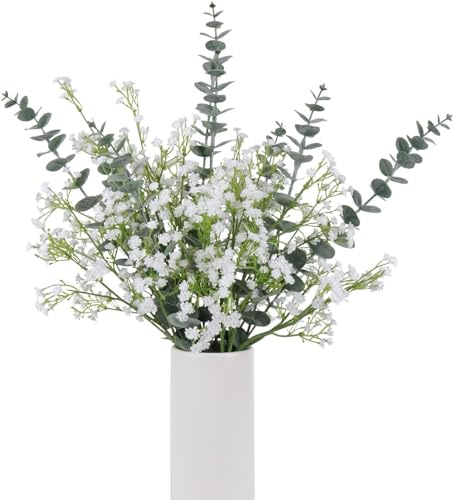DEEMEI 18Pcs Artificial Babys Breath Eucalyptus Stems Leaves Flowers, Fake Silk Eucalyptus White Gypsophila Artificial Flowers Arrangement Home Table Wedding Party Decor