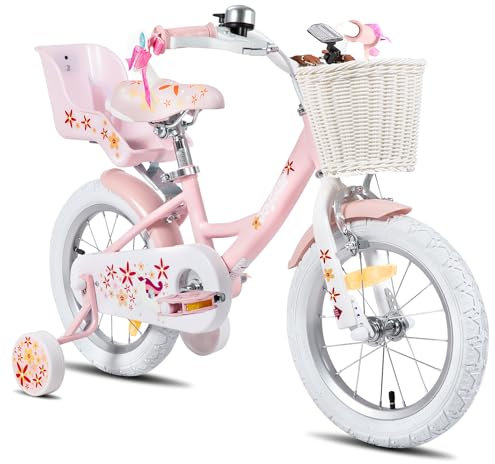 JOYSTAR Einhorn 14 Zoll Kinderfahrrad für 3 4 5 Jahre Mädchen mit Puppe Fahrradsitz Kinder Prinzessin Fahrrad mit Stützrädern Korb, Rosa