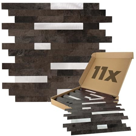 Dalsys Wandpaneele selbstklebend Mamor-, und Steinoptik 1m², 11 Stück Dunkelbraun Silber Wandverkleidung feuchtigskeitsbeständig, Premium Qualität für Bad und Küche, rechteckige Form