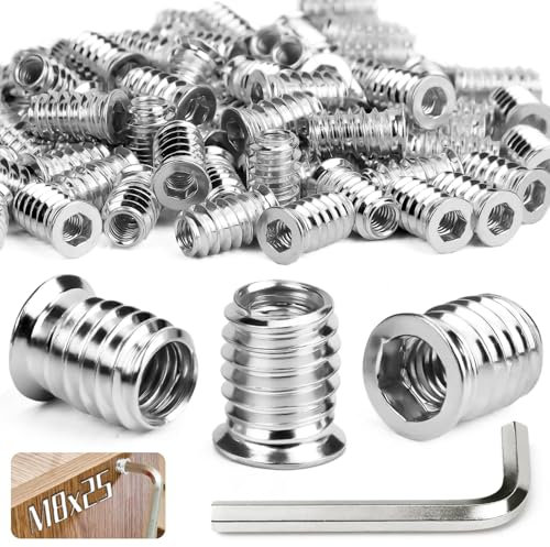 SWTYExt M8 Insertos Roscados 50 Piezas Tacos para Madera Tuerca Manguito Hexagonal M8x25mm Tuercas para MaderaTacos Cabeza Plana Insertos para Muebles Mader