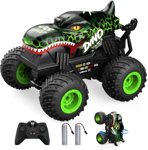 ACAMMZAR Coche Teledirigido, Dinosaurio Monster Truck Radiocontrol, 2.4GHz 20+Km/h RC Stunt Coche, Crawler Camiones con Luz Led y Música,de Juguete para niños de 4 6 8 9 12 años Adulto