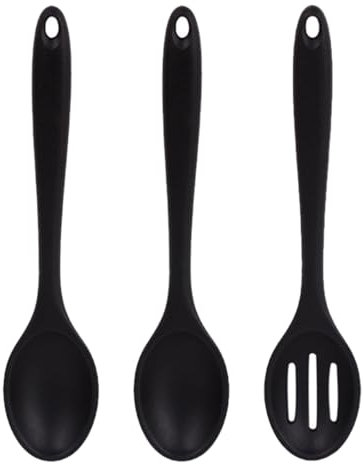 QEDBOJE 3 Stück Silikon Kochlöffel, Rührlöffel, Antihaft, Servierlöffel, Kunststoff, Silicone Mixing Spoons für Küche, Kochen, Backen, Rühren (20cm Langen Griff, Schwarz)