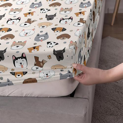 FANSU Spannbettlaken mit Tiermotiv Polyester Bettlaken 30cm Extra Tiefe Taschenlaken Weiche Bequem Spannbetttuch für Einzelbett Doppelbett Boxspringbett (120x200+30cm,Cartoon-Hund)