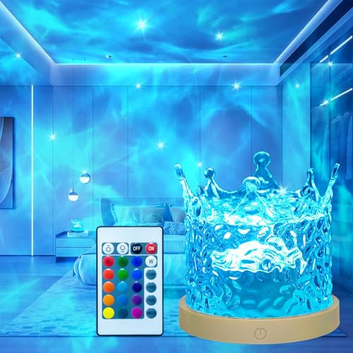 Ciskotu Ocean Lamp LED Sternenhimmel Projektor Kinder, 16 RGB-Farben Kronenform Wasserwellen Aurora lampe mit Fernbedienung, Wiederaufladbar Polarlicht Nachtlicht Erwachsene Kinder für Geschenk Party