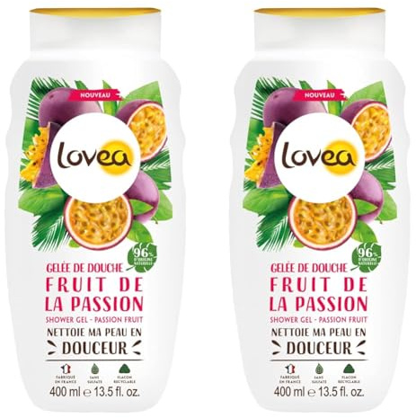 LOVEA - Gelée De Douche - Extrait De Fruit De La Passion - Mousse Fine & Onctueuse - 96% D'Origine Naturelle - PH Neutre - Sans Sulfate - Fabriqué En France - 400 ml (Lot de 2)
