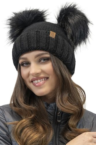 Vivisence Affascinante Cappello da Donna con Due Grandi Pom-PON Realizzato in Caldo Filato con Fodera in Pile Antistatico, Perfetta vestibilità Ideale per Le Giornate Invernali, Nero,Taglia Unica