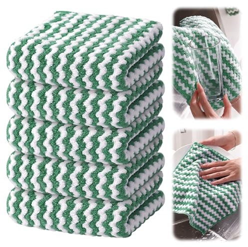 Paquete de 5 paños de limpieza de microfibra, no abrasivos, reutilizables y lavables, paños de microfibra para coches, trapos de limpieza para lavar platos (verde, 25 x 25 cm)