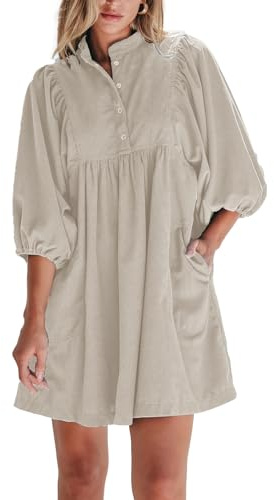 Opemiby Womens Casual Dresses Corduroy Button Up Empire Waist 3/4 Sleeve Fall Winter Mini Babydoll Dress Apricot M