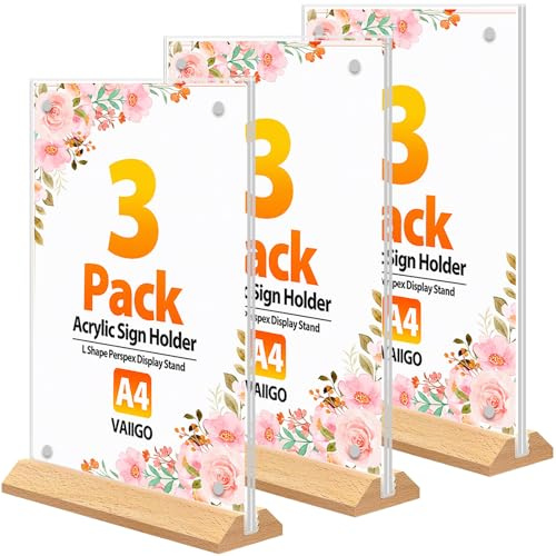 VAIIGO A4 Acrylic Sign Holder 3Pack Poster Menu Holders for Tables, Double Sided Perspex Display Stand with 4 Magnetic Buckles Sign Holder for Restaurant, Bar, Hotel, Office, Store Counter Sign Holder