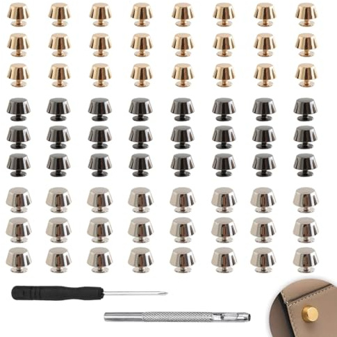 WWYSSZ 72 Stück Taschenfüße Bodennägel für Taschen Standfüße Flachkopf Nieten Bodennägel Handtasche Füße Nagelkopf Metallfüße für Taschen, mit Schraubendreher und Stanzwerkzeug, für DIY Leder Handwerk