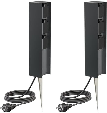 ledscom.de 2 Prises de Jardin Colonne POMI avec Piquet de Terre et 2m de câble pour l'extérieur, IP44, 3X, Anthracite, carré, 33cm