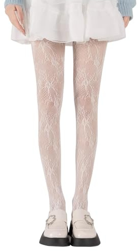 BinXiaoQin Weiße Strumpfhose Damen,Karneval Strumpfhosen Damen Muster Blumen,Ballettstrumpfhose Damen Aushöhlen,White Strumpfhosen für Damen Hochzeit,Lace Tights Lolita Strumpfhose Netzstrumpfhose ﻿