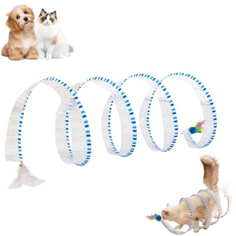 Nexoria Cat Tunnel Spring Toy Cat Teaser Stick, Collapsible Kitten Tunnel Bored Pet Interactive Toys for Hunting Play, Spiral Tunnels Toy Foldable Cat Tunnels for Indoor Cats Play, Exercise (Blue)