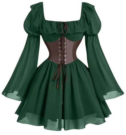 Womens Medieval Dresses Flare Sleeve Mini Corset Dress Traditional Irish Dress Fairy Costume Renaissance Elf Ear Costume Elvish Cosplay Halloween Fancy Dresses Pirate Costumes Army Green