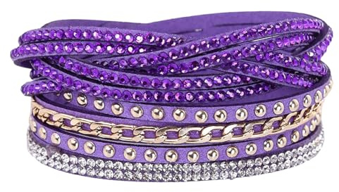 Generico Bracciale Cuoio Uomo, Bracciale Avvolgente In Pelle Multistrato, Fatto A Mano, Con Strass E Chiusura Magnetica, Gioiello In Cristallo Fatto A Mano, Regalo Per Donne, Ragazze, Viola