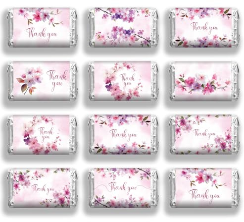 arricraft 120 Pcs Thank You Theme Candy Wrapping Paper, Watercolor Cherry Blossoms Mini Candy Bar Wrapper Floral Plants Chocolates Bar Label Stickers for Wedding, Birthday, Baby Shower Party Favors