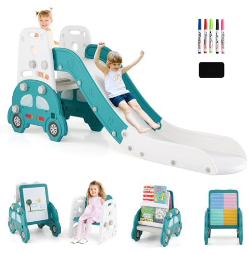 COSTWAY 5 in 1 Scivolo per Bambini, Set Scivolo Pieghevole con Arrampicata, Lavagna Magnetica Bifacciale, Libreria e Blocchi da Costruzione, Parco Giochi per Bambini 3+ Anni