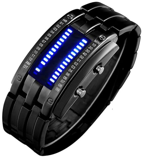 Gosasa Men's LED Digital Wrist Watch Futuristic Binary Display Stainless Steel Bracelet Waterproof Tech Style Watch for Casual & Fashion Wear (Black)