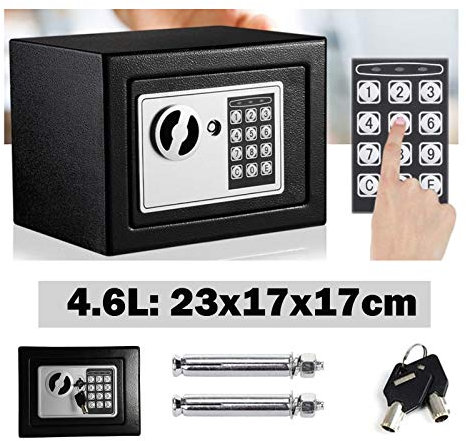 Tresor Klein Elektronischer Safe Minisafe Wandtresor Mini Tresor Stahlsafe Möbeltresor Wandsafe Elektronikschloss 2 Schlüssel -4.6L (Schwarz)