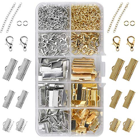 370 pezzi di accessori per gioielleria Catenina Catena di prolunga Catenaccio per aragosta Piastre di serraggio Pinze Morsetti Estensioni per catene Anelli di salto creazione di gioielli fai-da-te