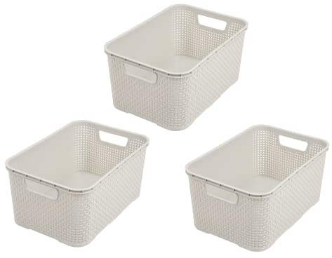 BranQ - Home essential Juego de 3 cestas de plástico en diseño de ratán, tamaño M, 10 l, polipropileno, color crema